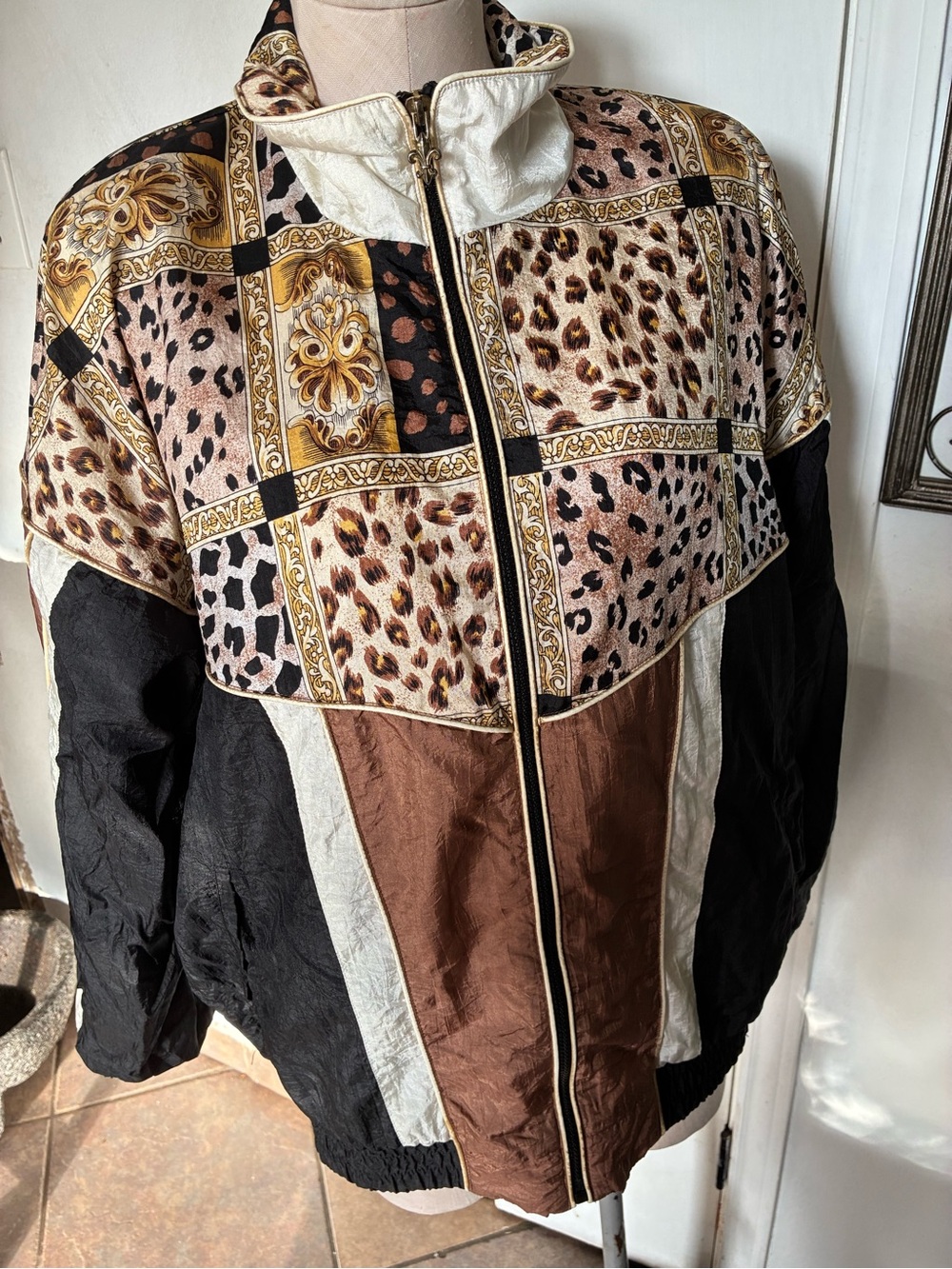 Leopard Patchwork Bomber Jacket - Black, Brown, Cream